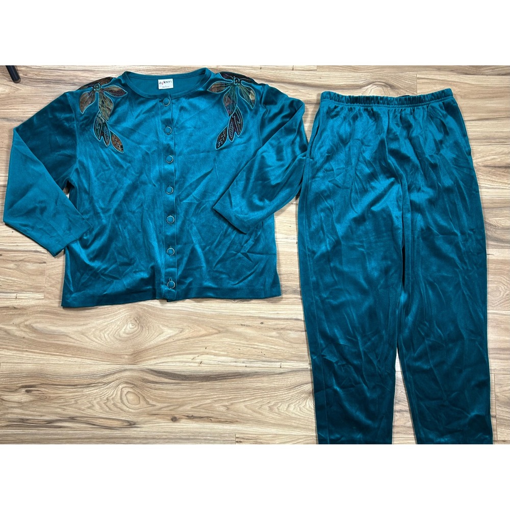 VTG Aileen Velour Lounge Set Women L Teal 2pc Cardigan Pants USA Old Money Retro